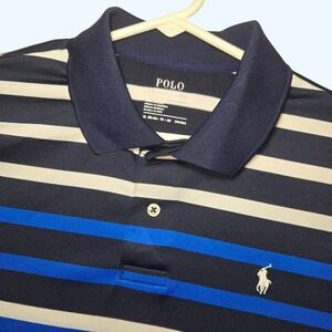 Polo Ralph Lauren Kids XL 18-20 Performance Striped Polo Shirt Navy Blue White